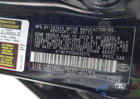 2013 Toyota Camry Xle V6 from USA, damaged, VIN 4T1BK1FK5DU532775